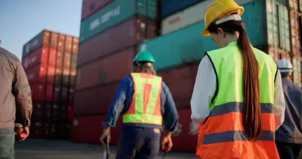 Team of workers walking through a shipping yard filled with containers
