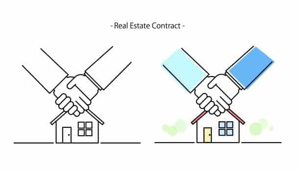 Two versions of a handshake over a house symbol labeled "Real Estate Contract"