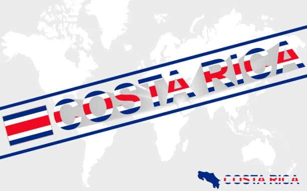 Costa Rica name with flag colors superimposed on a world map background