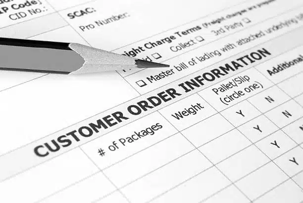 Shipping paperwork including customer order information and master bill of lading checkbox