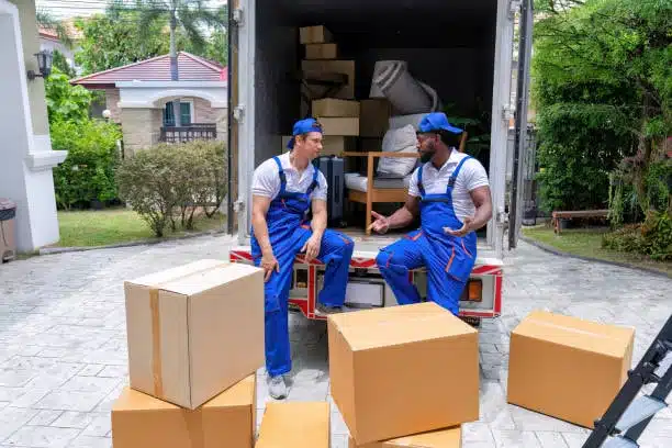 Two delivery staff discussing logistics beside packages during DDP delivery
