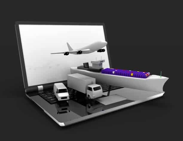 Laptop visualizing logistics system for air, sea, and land shipping from China to UAE.