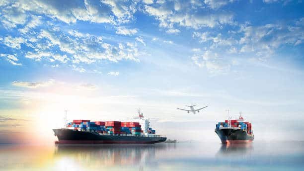 Two container ships and aircraft showcasing large-scale shipping from China to Mexico by sea and air.