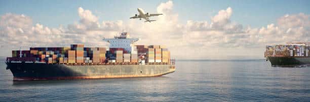 Two ships and an airplane illustrating volume shipping from China to Hungary by sea and air.