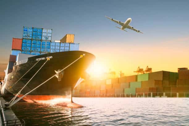 Cargo ship and airplane symbolizing air and sea freight shipping from China to UAE.