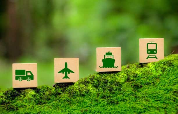 Sustainable transport icons for truck, plane, ship, and train