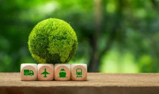 Eco-friendly international shipping concept with global transport icons and green globe