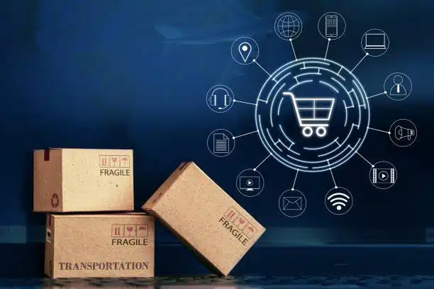 Concept of connected eCommerce platforms and logistics systems for package delivery and shipping time tracking.