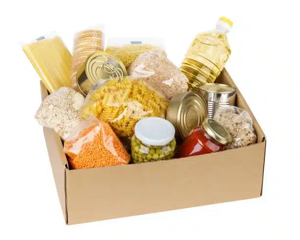 Complete delivery package of non-perishable food including oil, pasta, peas, sauce, and grains for long-distance shipping.