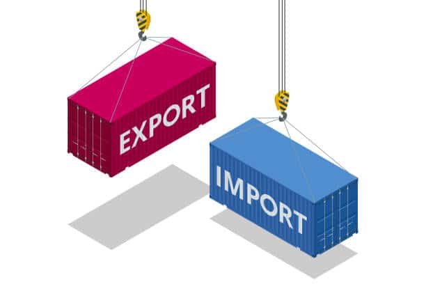 Illustration of cranes lifting export and import containers, representing international trade