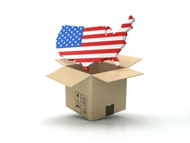 United States map symbol emerging from a shipping box for export