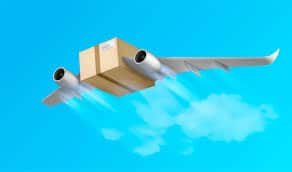 Cartoon illustration of a package with airplane wings representing express shipping from China to Vietnam.