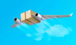 Cartoon illustration of a package with airplane wings representing express shipping from China to Vietnam.