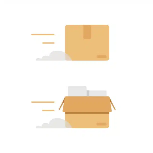 Vector illustration of moving packages symbolizing quick and standardized flat shipping rate services.