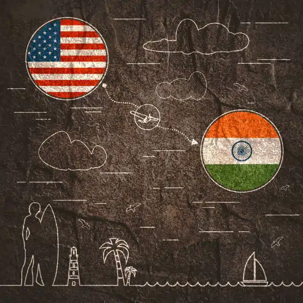 Flight path illustration from USA to India over ocean with flags and airplane