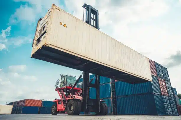Forklift moving container for outbound shipment, emphasizing the physical shipping process following eBay order handling time.