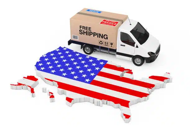 Delivery van labeled free shipping on USA map platform