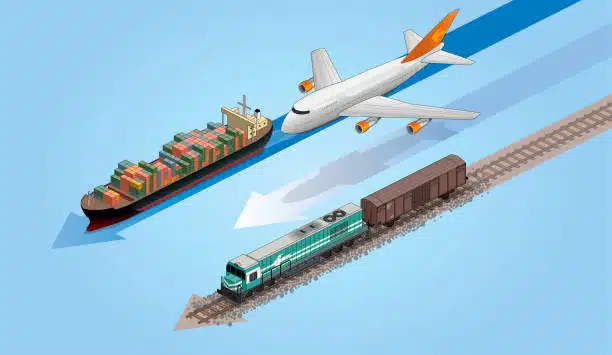 Illustrated comparison of shipping methods from China to Spain: sea, air, and rail freight.