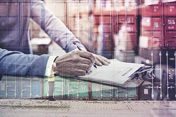 Double exposure of signing shipping documents and cargo containers for China-Mauritania logistics