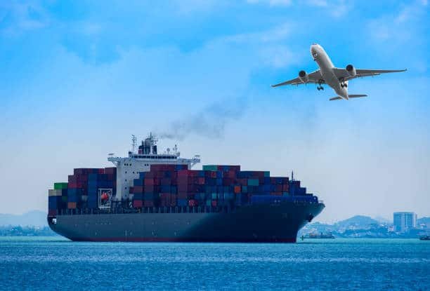 Large container ship with an airplane above – international freight from China to Sweden