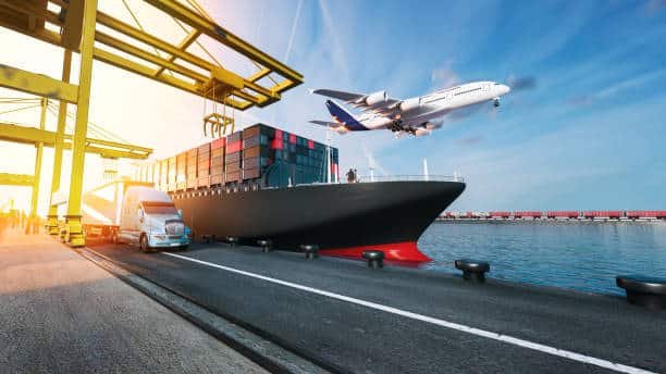 Truck, cargo ship, and airplane at freight terminal for export from China to Pakistan