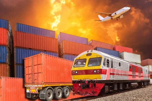 Rail and air freight infrastructure with cargo containers bound for the UK from China