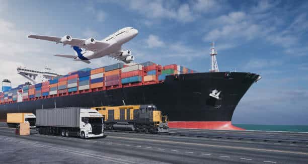 Cargo ship, freight train, airplane, and truck representing full transport modes from China to the UK