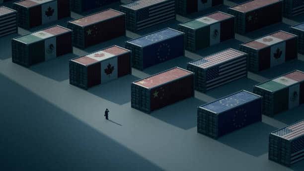 Shipping containers with country flags including US, China, EU, and Canada representing global trade