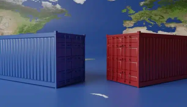 Blue and red shipping containers positioned on a global map background