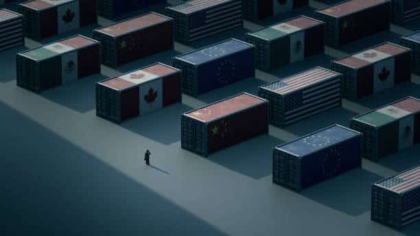 International shipping containers with national flags, including China and EU