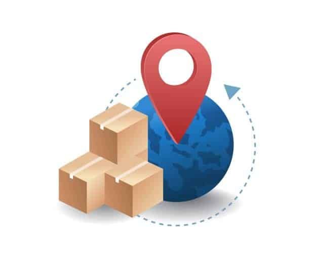 Global shipping logistics illustration with packages and map pin