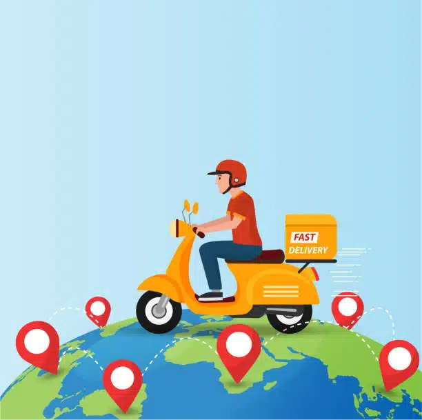 Courier on scooter riding across globe with fast delivery service and tracking locations