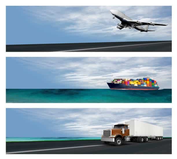 Combination of airplane, cargo ship, and truck showcasing global multimodal freight logistics