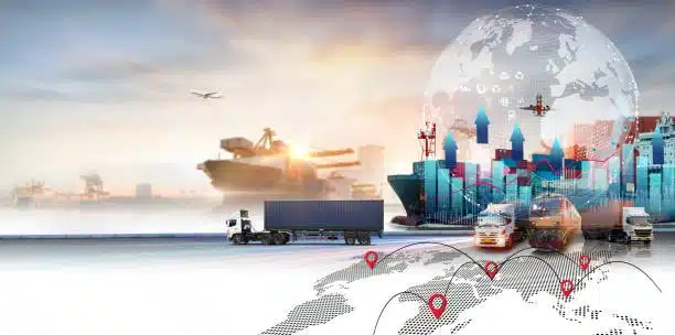 Composite image of trucks, cargo ships, and airplanes symbolizing international logistics and global supply chain