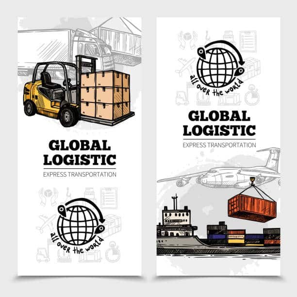Illustration of global logistics services including air, sea, and cargo handling for China to Saudi Arabia shipments.