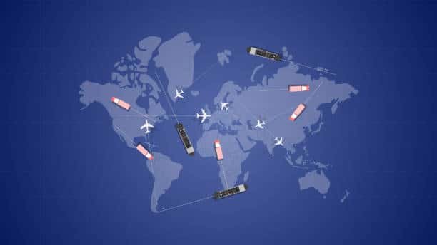 Global logistics map with planes and ships showing routes from China to Egypt.