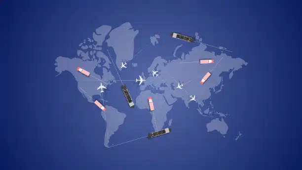 Global logistics map with planes and ships showing routes from China to Egypt.