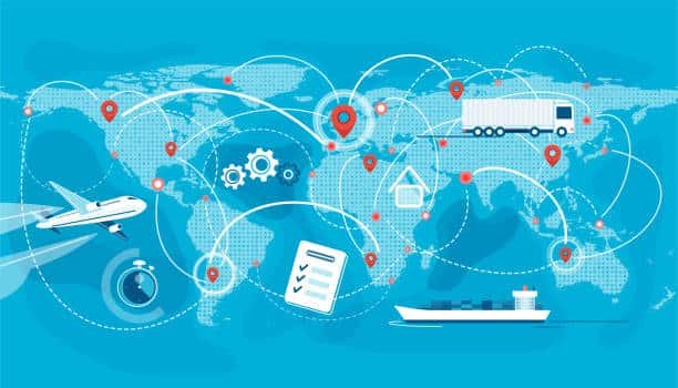 Global logistics network showing air, sea, and road freight routes from China to Nigeria