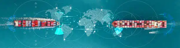 Digital map showing cargo ship routes from China to Tunisia across global supply chains