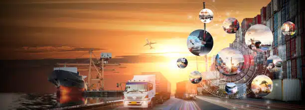 Freight trucks, airplane, ship, and global logistics icons representing international shipping to Greece