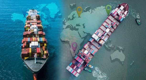 top view of cargo vessels navigating international trade routes