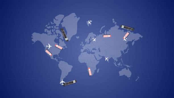 Map showing global logistics routes for shipping from China to Saudi Arabia by air and sea.