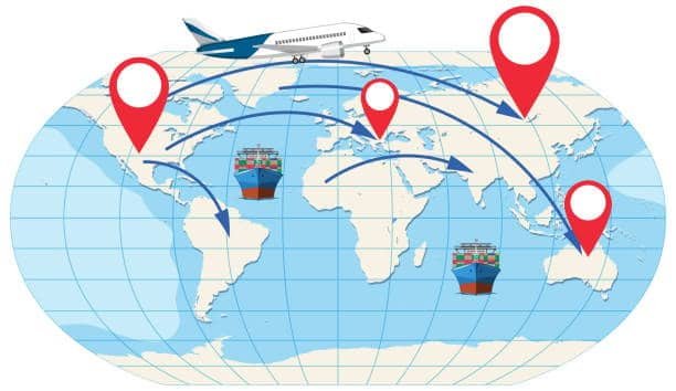 map showing FOB shipping routes via air and sea freight with destination markers