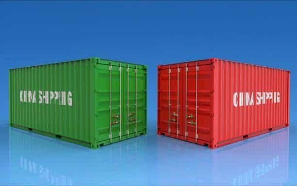 Green and red shipping containers side by side labeled China Shipping