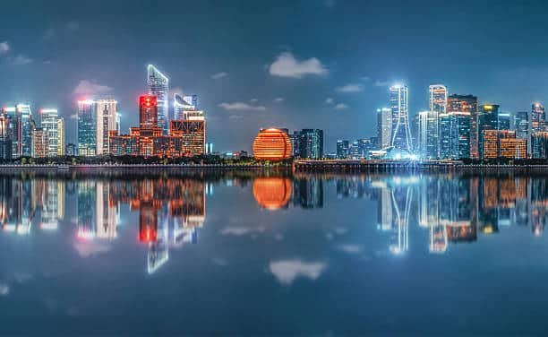 Night skyline of Hangzhou, China, highlighting a major export hub for shipments to South Africa