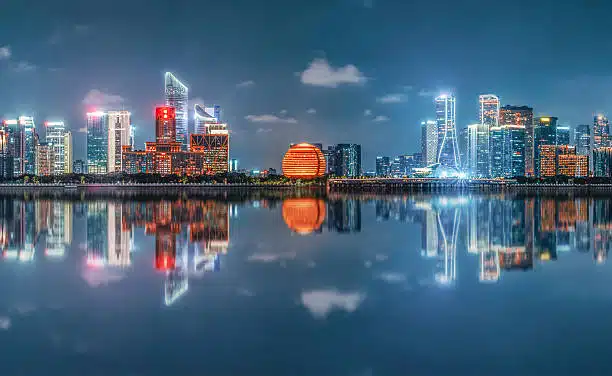Night skyline of Hangzhou, China, highlighting a major export hub for shipments to South Africa