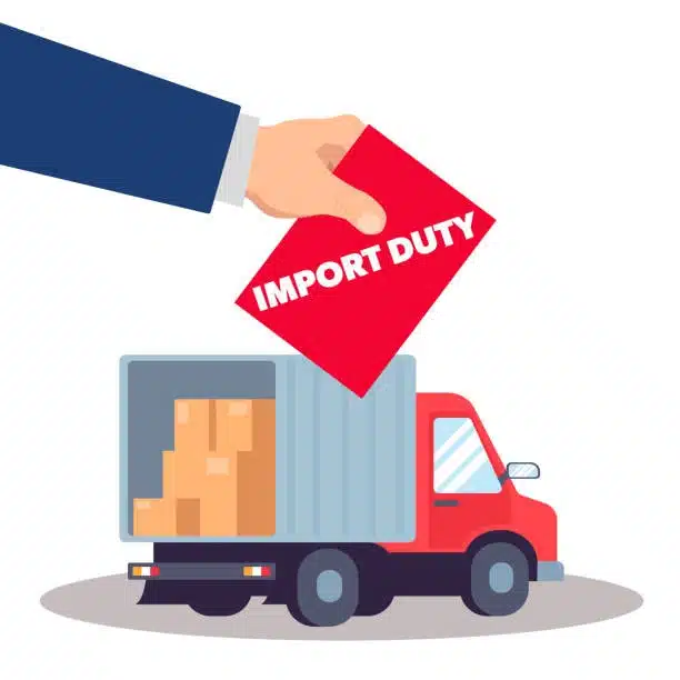 Red truck carrying parcels with a hand showing import duty notice