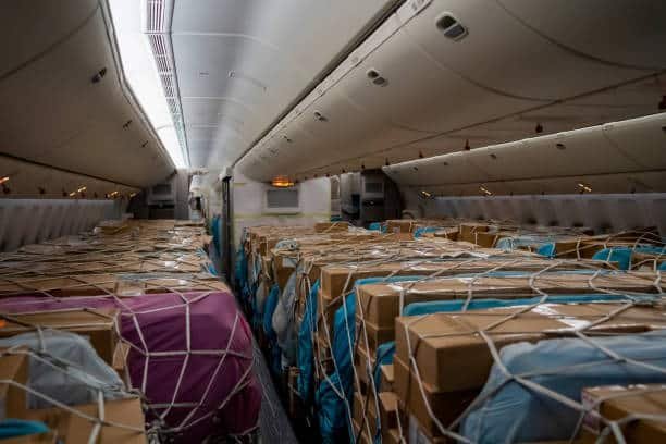 Cargo securely loaded inside an aircraft’s cabin for air shipment from China to Pakistan