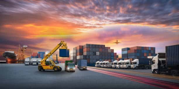 Multi-modal logistics terminal with trucks, ships, and airplanes