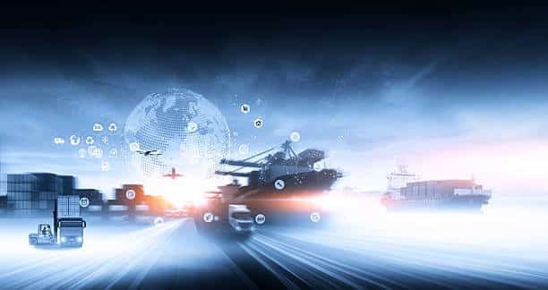 International cargo logistics with global network icons and multi-modal transport from China to Poland